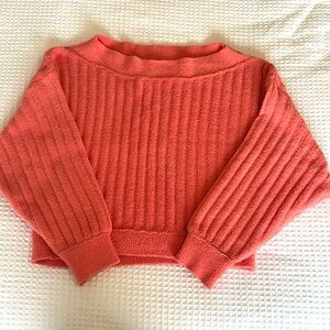 Free People Off-the-Shoulder Coral Chunky Slouchy Ribbed Pullover Sweater